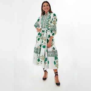 Sue Sartor Emerald Marigold Floral Kaftan Belted Midi Dress Size M